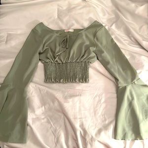 Green off the shoulder blouse from Romwe